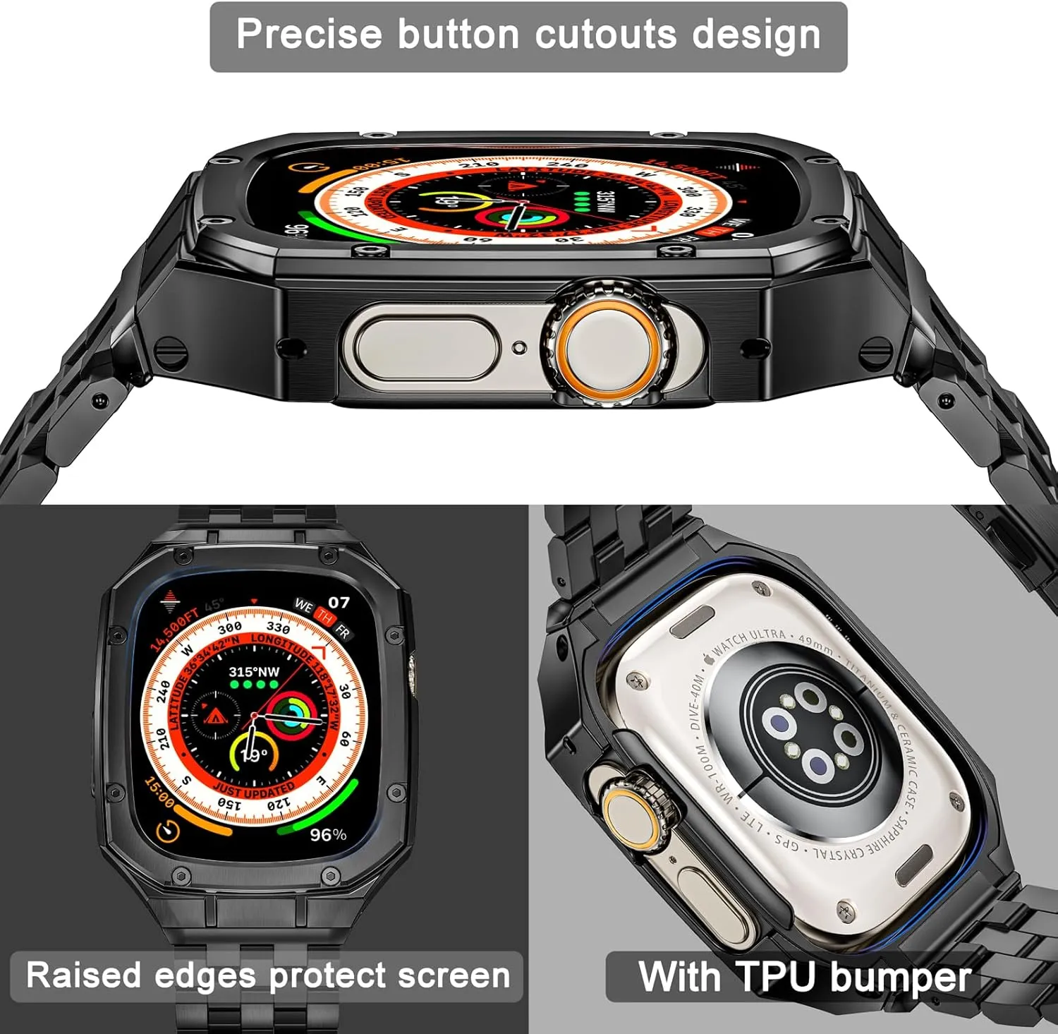 MioHHR Stainless Steel Watch Case with Bands Compatible with Apple Watch Band 49mm, Metal Cover Bumper with iWatch Bands for Apple Watch Ultra/Ultra 2, Black