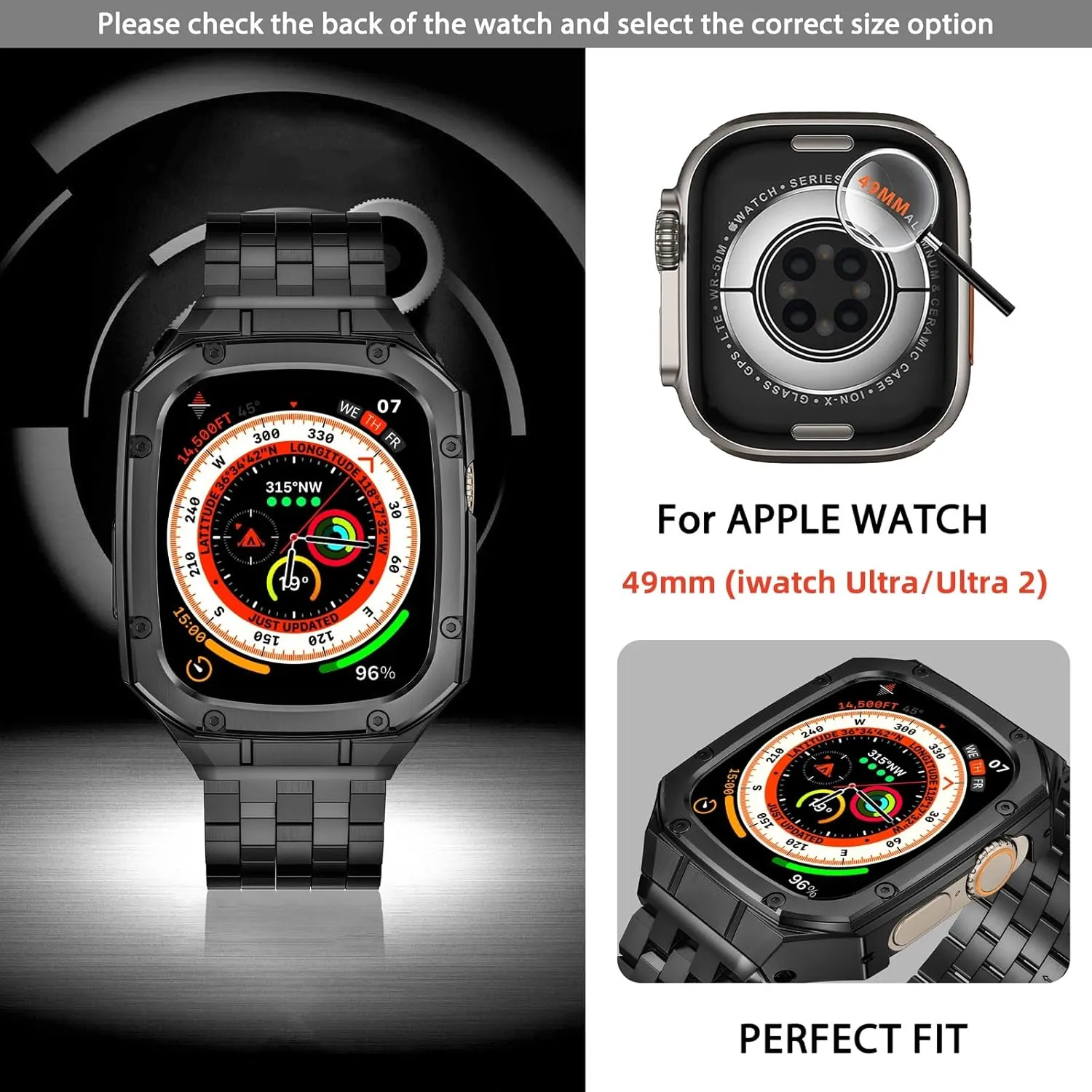 MioHHR Stainless Steel Watch Case with Bands Compatible with Apple Watch Band 49mm, Metal Cover Bumper with iWatch Bands for Apple Watch Ultra/Ultra 2, Black