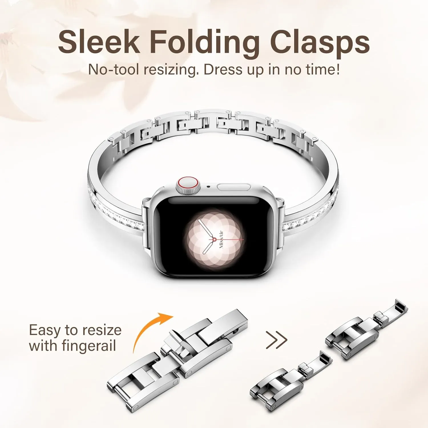 Missair Bands Compatible with Apple Watch Band 38mm 40mm 41mm 42mm 44mm 45mm 46mm 49mm for Women, Slim Metal Dressy Jewelry Bracelet with Bling Diamond for iWatch Series 10 9 8 7 6 5 4 3 SE Ultra