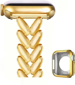MORWLAT Chain Bracelet Compatible for Apple Watch Band with TPU Case 38mm/40mm/41mm/42mm/44mm/45mm Series 9/8/7/SE/6/5/4/3/2/1 Women Jewelry iWatch Bands (H Yellow Gold, 42mm/44mm/45mm)