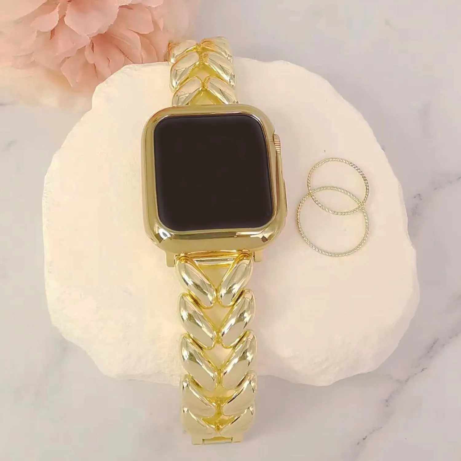 MORWLAT Chain Bracelet Compatible for Apple Watch Band with TPU Case 38mm/40mm/41mm/42mm/44mm/45mm Series 9/8/7/SE/6/5/4/3/2/1 Women Jewelry iWatch Bands (H Yellow Gold, 42mm/44mm/45mm)