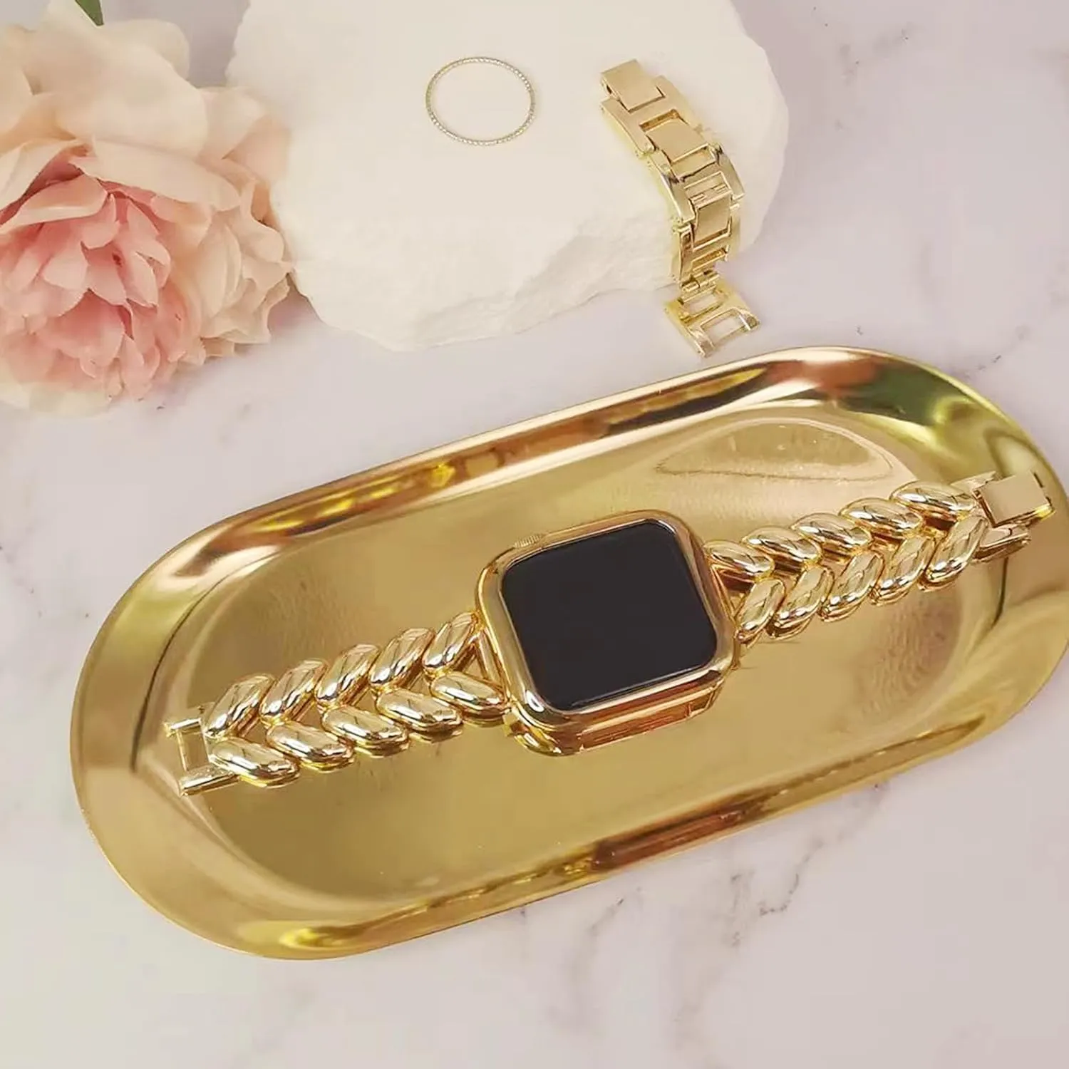 MORWLAT Chain Bracelet Compatible for Apple Watch Band with TPU Case 38mm/40mm/41mm/42mm/44mm/45mm Series 9/8/7/SE/6/5/4/3/2/1 Women Jewelry iWatch Bands (H Yellow Gold, 42mm/44mm/45mm)
