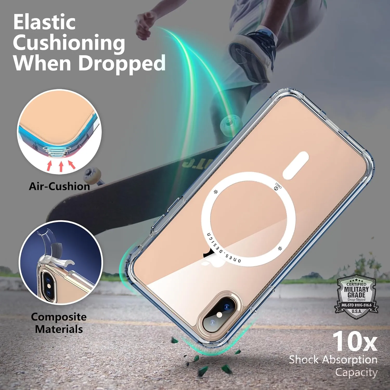 ONES for iPhone Xs/X Case, Hybrid Magnetic Phone Case, Compatible with MagSafe, Military Grade Protection, Shockproof Airbag, Anti-Yellow Silicone Cover, Scratch-Resistant, Thin, Clear