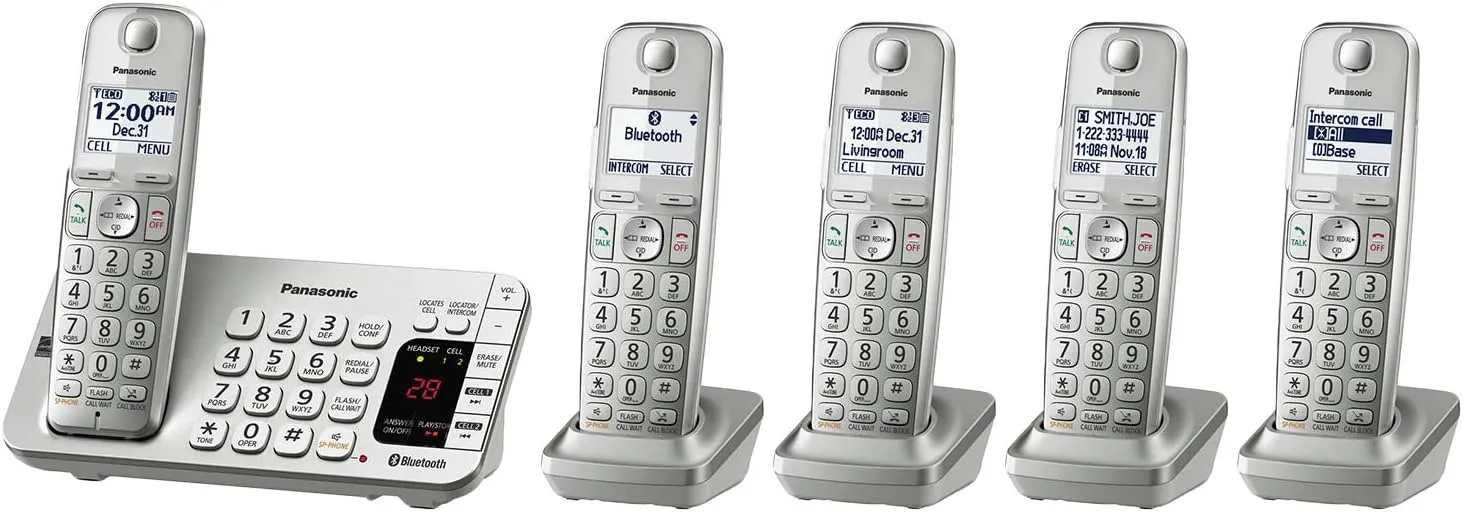 Panasonic Link2Cell Bluetooth Cordless DECT 6.0 Expandable Phone System with Answering Machine and Enhanced Noise Reduction - 5 Handsets - KX-TGE475S (Silver)
