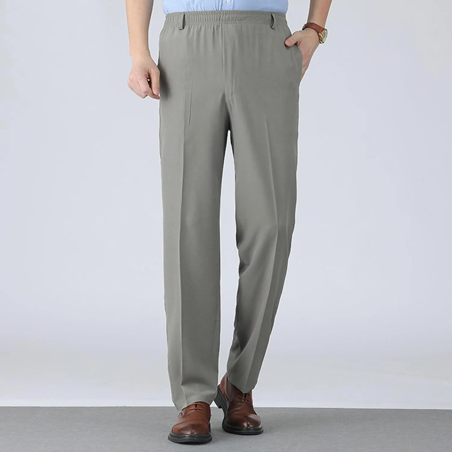 Pants for Men Casual Stylish Elastic Waist Relax Fit Straight Leg Dress Pant Comfy Lightweight Business Work Trousers