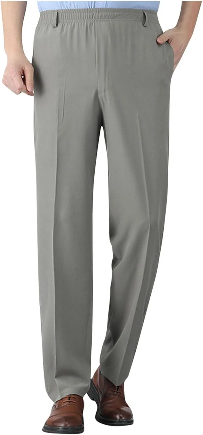 Pants for Men Casual Stylish Elastic Waist Relax Fit Straight Leg Dress Pant Comfy Lightweight Business Work Trousers