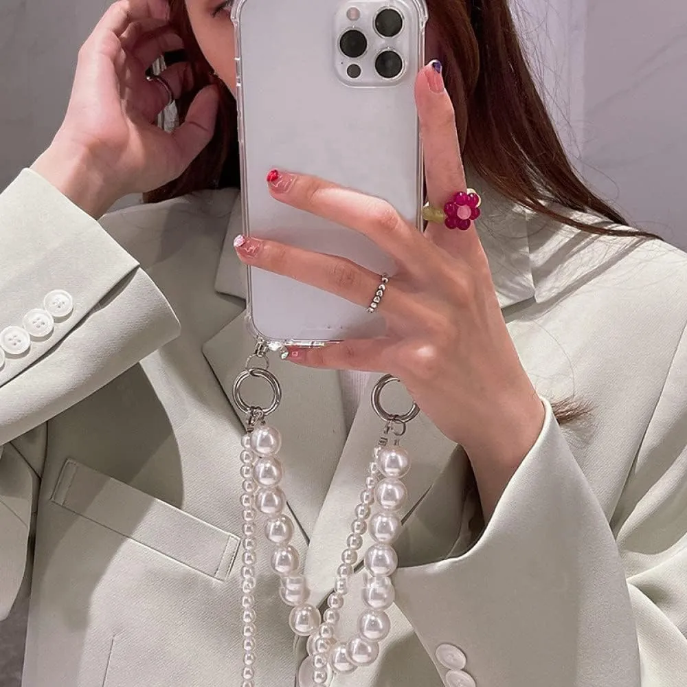 Pearl Bracelets Chain Case with Lanyard Aesthetic Luxury Case for iPhone 11 12 13 14 Pro Max XR X XS 7 8 Plus Cover,A Transparent,for iPhone 13