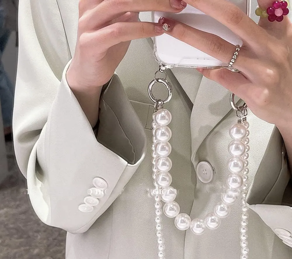 Pearl Bracelets Chain Case with Lanyard Aesthetic Luxury Case for iPhone 11 12 13 14 Pro Max XR X XS 7 8 Plus Cover,A Transparent,for iPhone 13