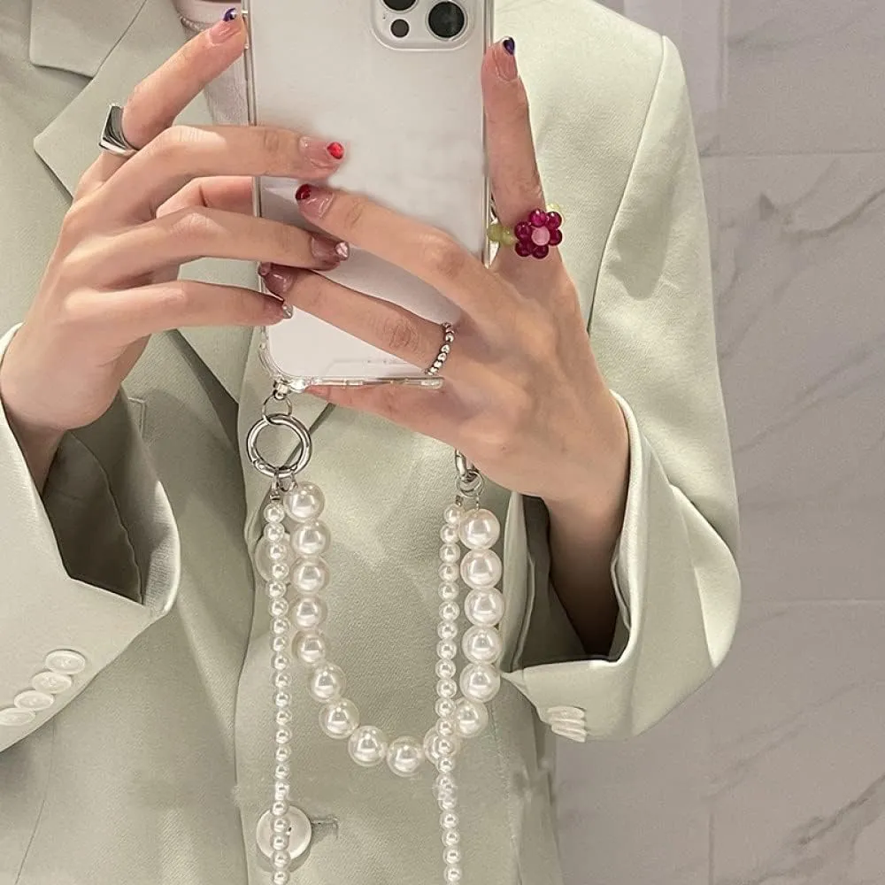 Pearl Bracelets Chain Case with Lanyard Aesthetic Luxury Case for iPhone 11 12 13 14 Pro Max XR X XS 7 8 Plus Cover,A Transparent,for iPhone 13