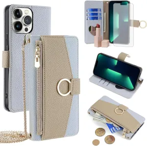 Phone Case for iPhone 13 Pro Max 2021 6.7 inch Wallet Cover with Screen Protector and Mirror Flip Cover Ring Card Holder Crossbody Strap Cell iPhone13promax 5G i Phone13Max Plus iPhone13 ProMax Blue