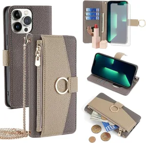 Phone Case for iPhone 13 Pro Max 2021 6.7 inch Wallet Cover with Screen Protector and Mirror Flip Cover Ring Card Holder Crossbody Strap Cell iPhone13promax 5G i Phone13Max Plus iPhone13 ProMax Gray