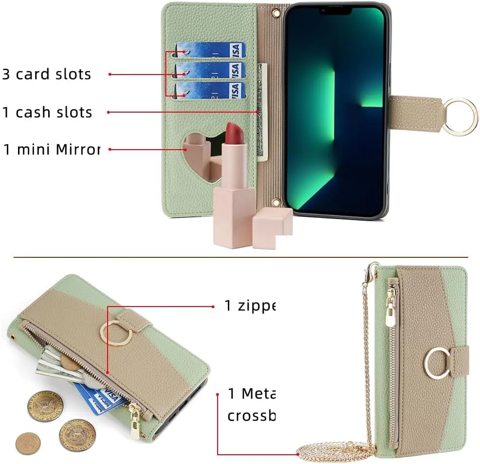 Phone Case for iPhone 13 Pro Max 2021 6.7 inch Wallet Cover with Screen Protector and Mirror Flip Cover Ring Card Holder Crossbody Strap Cell iPhone13promax 5G i Phone13Max Plus iPhone13 ProMax Green