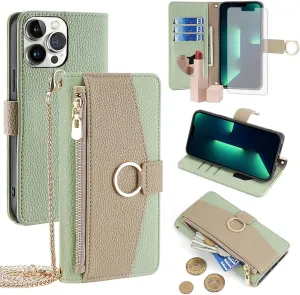 Phone Case for iPhone 13 Pro Max 2021 6.7 inch Wallet Cover with Screen Protector and Mirror Flip Cover Ring Card Holder Crossbody Strap Cell iPhone13promax 5G i Phone13Max Plus iPhone13 ProMax Green
