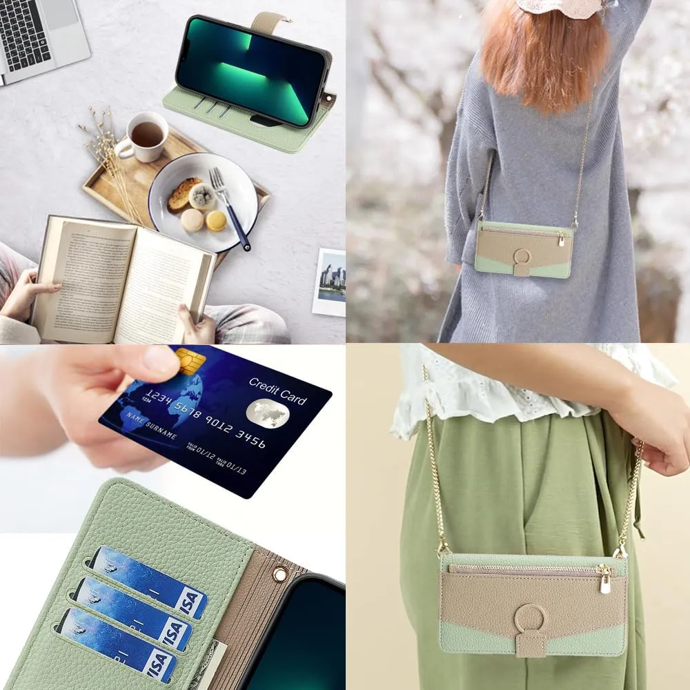Phone Case for iPhone 13 Pro Max 2021 6.7 inch Wallet Cover with Screen Protector and Mirror Flip Cover Ring Card Holder Crossbody Strap Cell iPhone13promax 5G i Phone13Max Plus iPhone13 ProMax Green