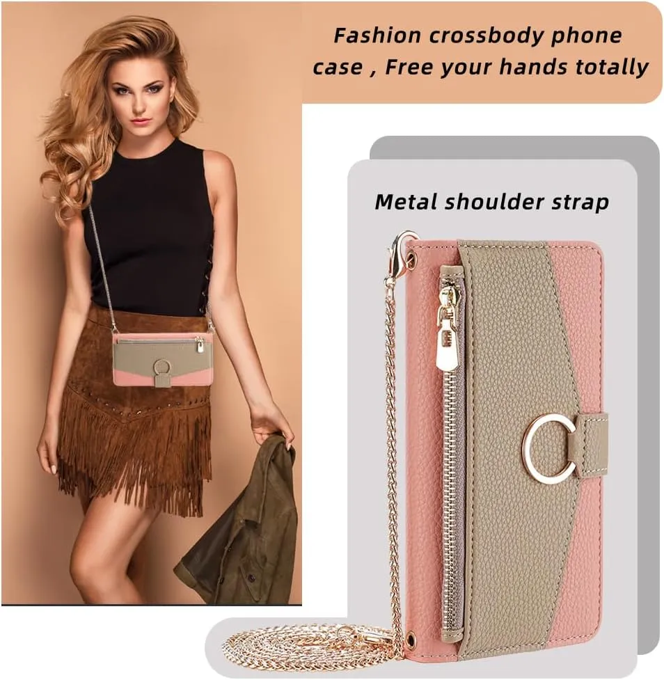 Phone Case for iPhone 13 Pro Max 2021 6.7 inch Wallet Cover with Screen Protector and Mirror Flip Cover Ring Card Holder Crossbody Strap Cell iPhone13promax 5G i Phone13Max Plus iPhone13 ProMax Pink