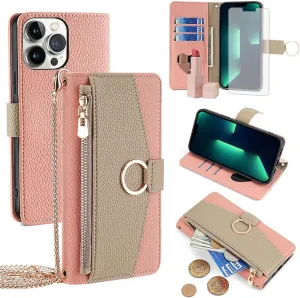 Phone Case for iPhone 13 Pro Max 2021 6.7 inch Wallet Cover with Screen Protector and Mirror Flip Cover Ring Card Holder Crossbody Strap Cell iPhone13promax 5G i Phone13Max Plus iPhone13 ProMax Pink