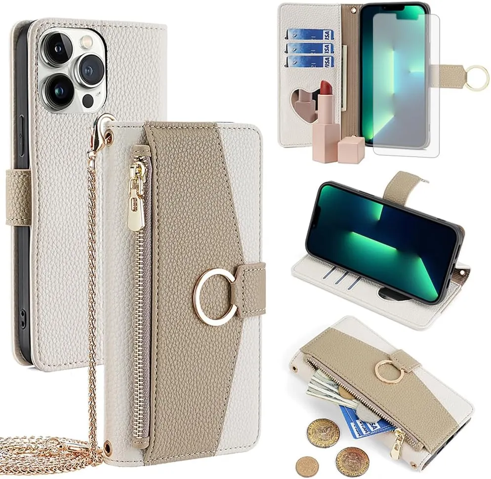 Phone Case for iPhone 13 Pro Max 2021 6.7 inch Wallet Cover with Screen Protector and Mirror Flip Cover Ring Card Holder Crossbody Strap Cell iPhone13promax 5G i Phone13Max Plus iPhone13 ProMax White