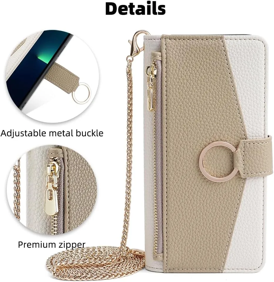 Phone Case for iPhone 13 Pro Max 2021 6.7 inch Wallet Cover with Screen Protector and Mirror Flip Cover Ring Card Holder Crossbody Strap Cell iPhone13promax 5G i Phone13Max Plus iPhone13 ProMax White