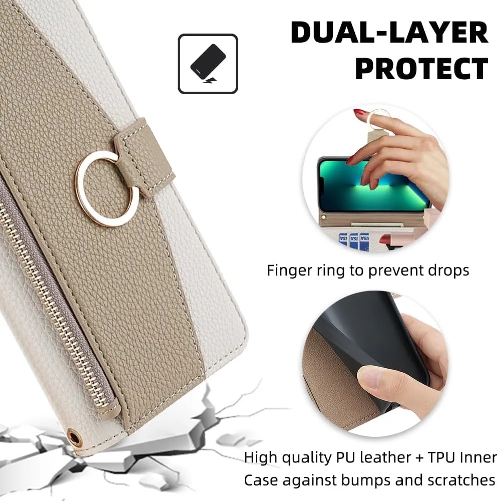 Phone Case for iPhone 13 Pro Max 2021 6.7 inch Wallet Cover with Screen Protector and Mirror Flip Cover Ring Card Holder Crossbody Strap Cell iPhone13promax 5G i Phone13Max Plus iPhone13 ProMax White