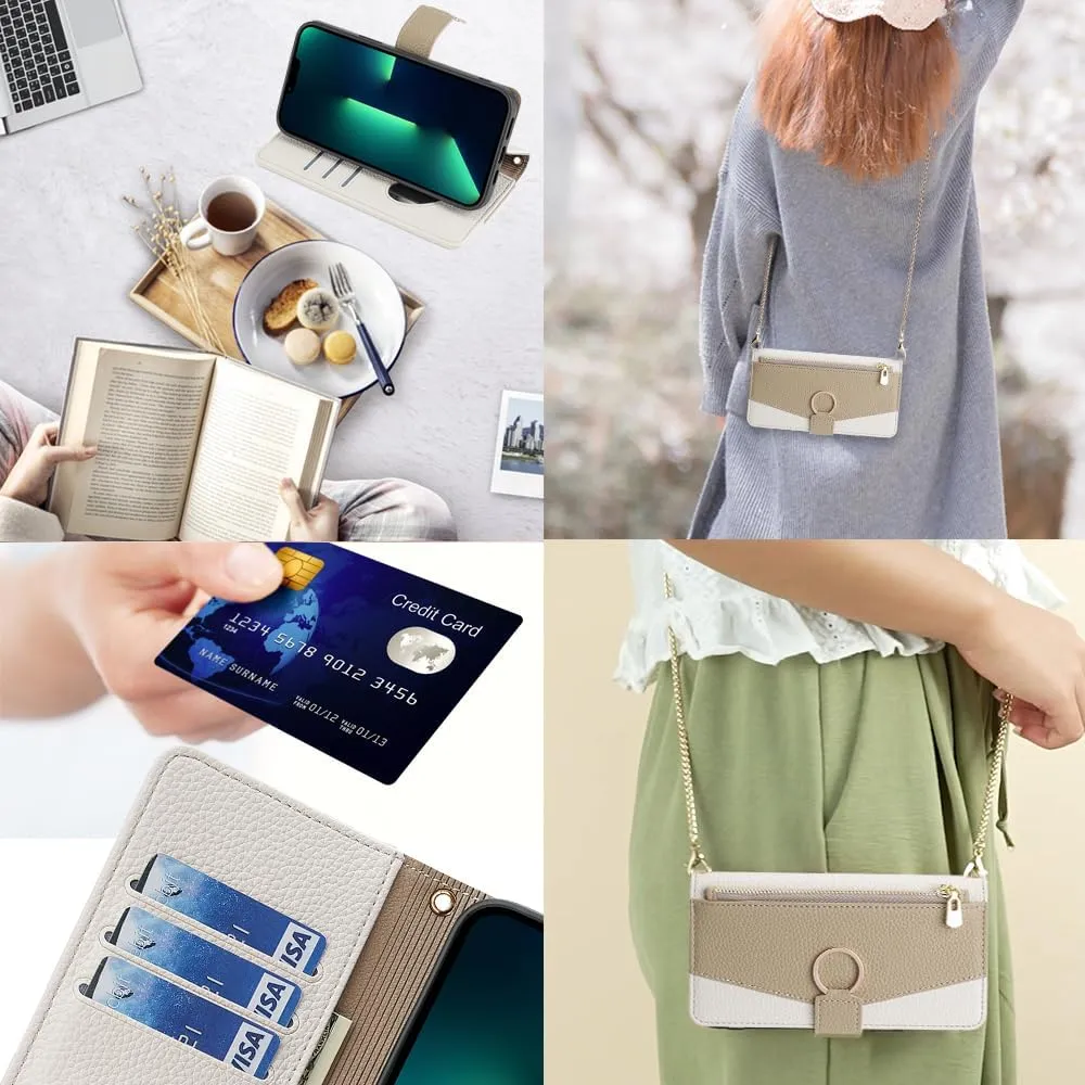 Phone Case for iPhone 13 Pro Max 2021 6.7 inch Wallet Cover with Screen Protector and Mirror Flip Cover Ring Card Holder Crossbody Strap Cell iPhone13promax 5G i Phone13Max Plus iPhone13 ProMax White