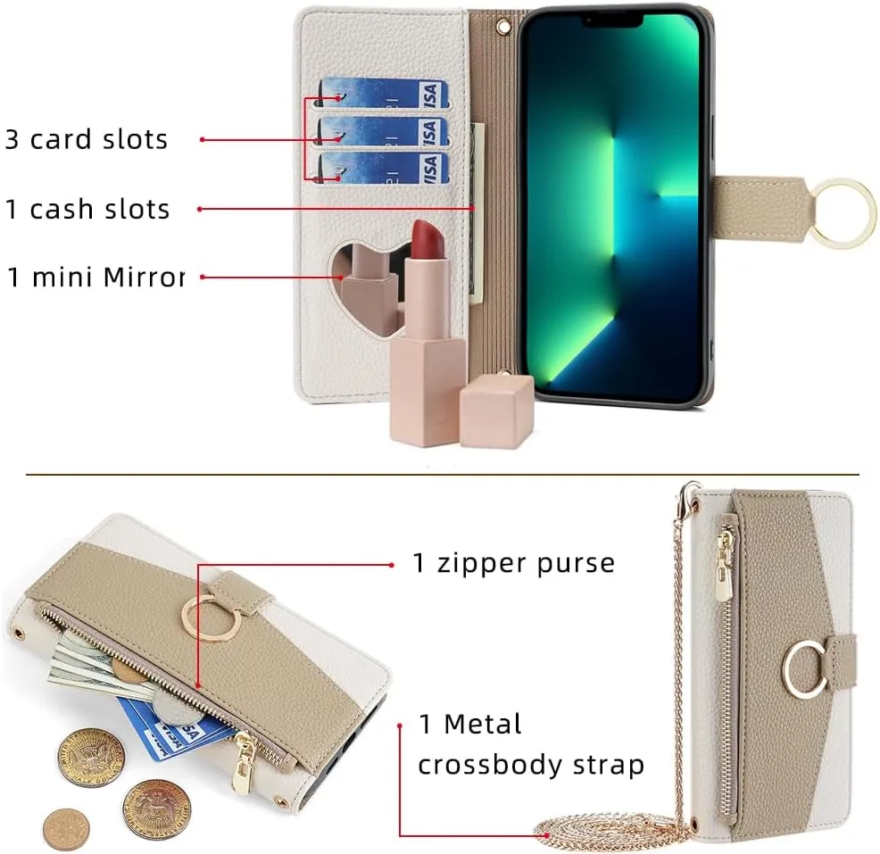 Phone Case for iPhone 13 Pro Max 2021 6.7 inch Wallet Cover with Screen Protector and Mirror Flip Cover Ring Card Holder Crossbody Strap Cell iPhone13promax 5G i Phone13Max Plus iPhone13 ProMax White