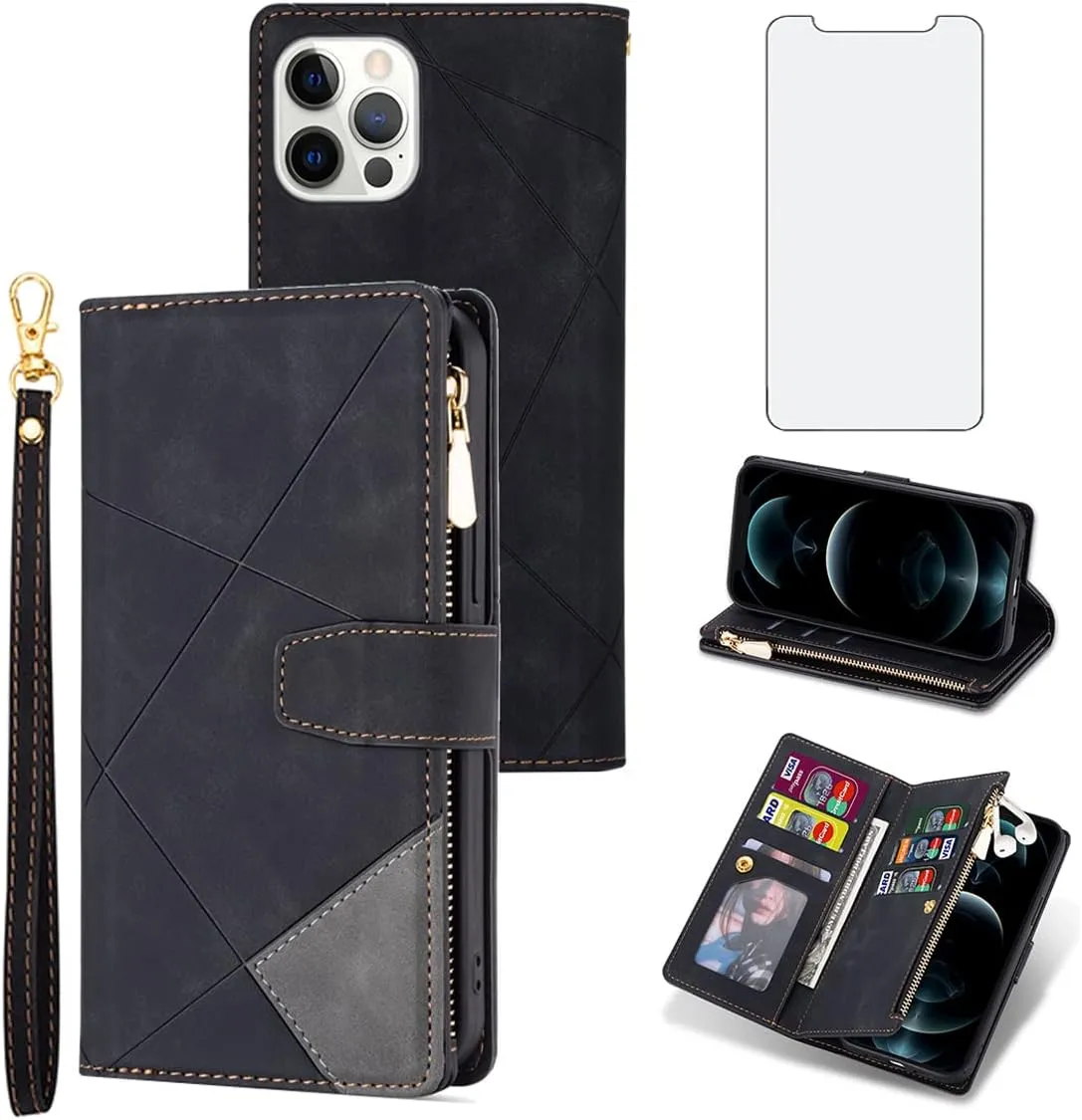 Phone Case for iPhone 13 Pro Max 2021 6.7 inch Wallet Cover With Screen Protector Flip Zipper Credit Card Holder Stand Cell Accessories iPhone13promax 5G i Phone13Max Plus iPhone13 ProMax Women Black