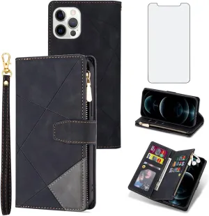 Phone Case for iPhone 13 Pro Max 2021 6.7 inch Wallet Cover With Screen Protector Flip Zipper Credit Card Holder Stand Cell Accessories iPhone13promax 5G i Phone13Max Plus iPhone13 ProMax Women Black