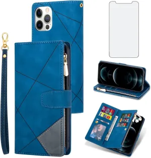 Phone Case for iPhone 13 Pro Max 2021 6.7 inch Wallet Cover With Screen Protector Flip Zipper Credit Card Holder Stand Cell Accessories iPhone13promax 5G i Phone13Max Plus iPhone13 ProMax Women Blue