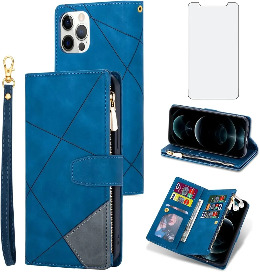 Phone Case for iPhone 13 Pro Max 2021 6.7 inch Wallet Cover With Screen Protector Flip Zipper Credit Card Holder Stand Cell Accessories iPhone13promax 5G i Phone13Max Plus iPhone13 ProMax Women Blue