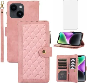 Phone Case for iPhone 14 6.1 inch Wallet Cover With Tempered Glass Screen Protector and Wrist Strap Leather Flip Zipper Credit Card Holder Cell iPhone14 5G i i-Phone i14 iPhone14case Women Rose gold