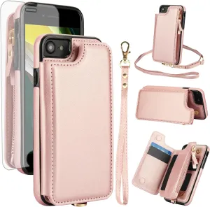 Phone Case for iPhone 7/8/SE 2020/2022 Zipper Wallet Cover with Screen Protector RFID Card Holder Cell iPhone7 iPhone8 7s 8s i SE2020 SE2022 2/2nd/3/3rd Generation SE2 SE3 7SE 8SE Women Men Rose Gold