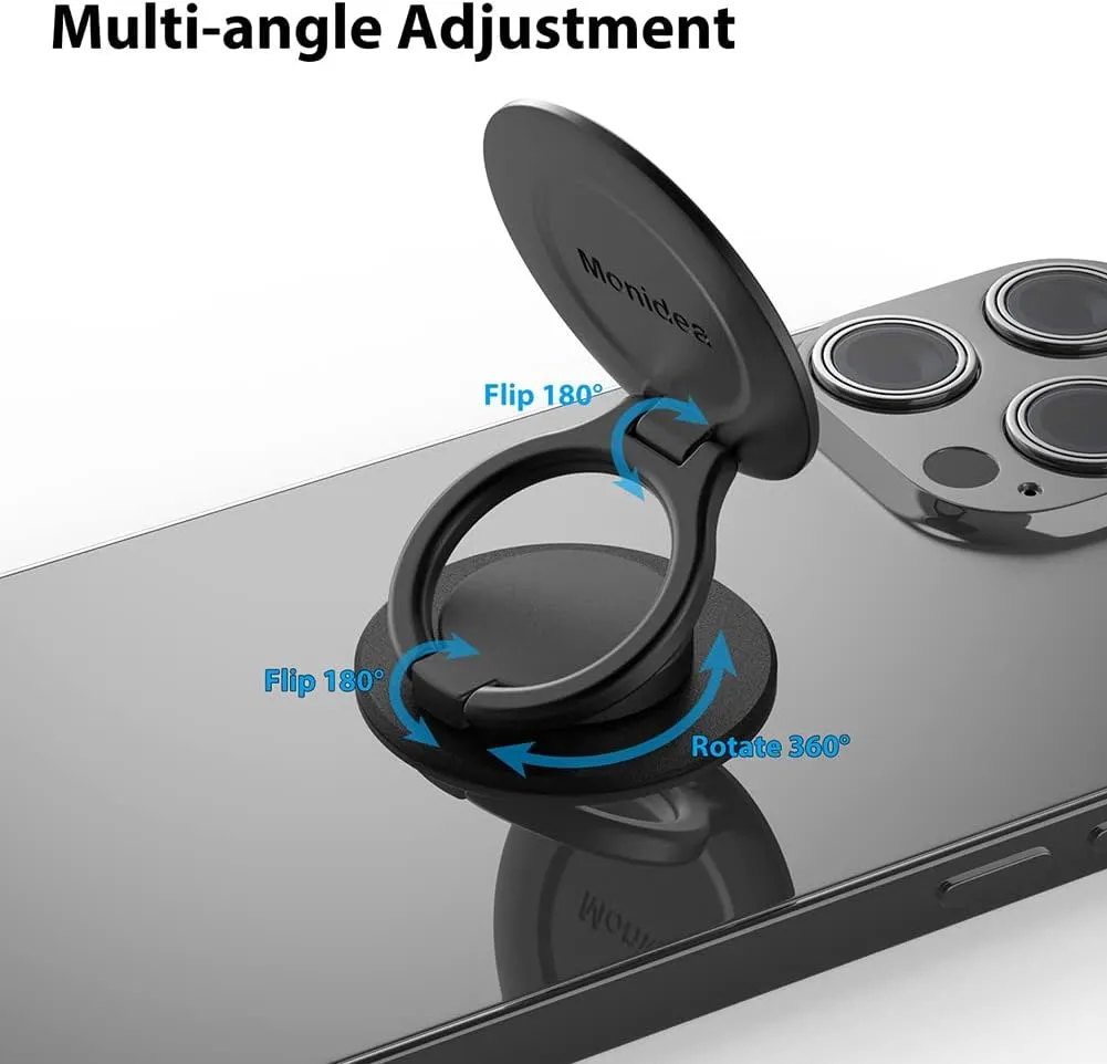 Phone Grip, Phone Ring Holder Finger Kickstand, 360Rotation & Adjustable Metal Cell Phone Rings Gripper Stand Work with Magnetic Car Mount for iPhone Samsung & Other Phones - Black