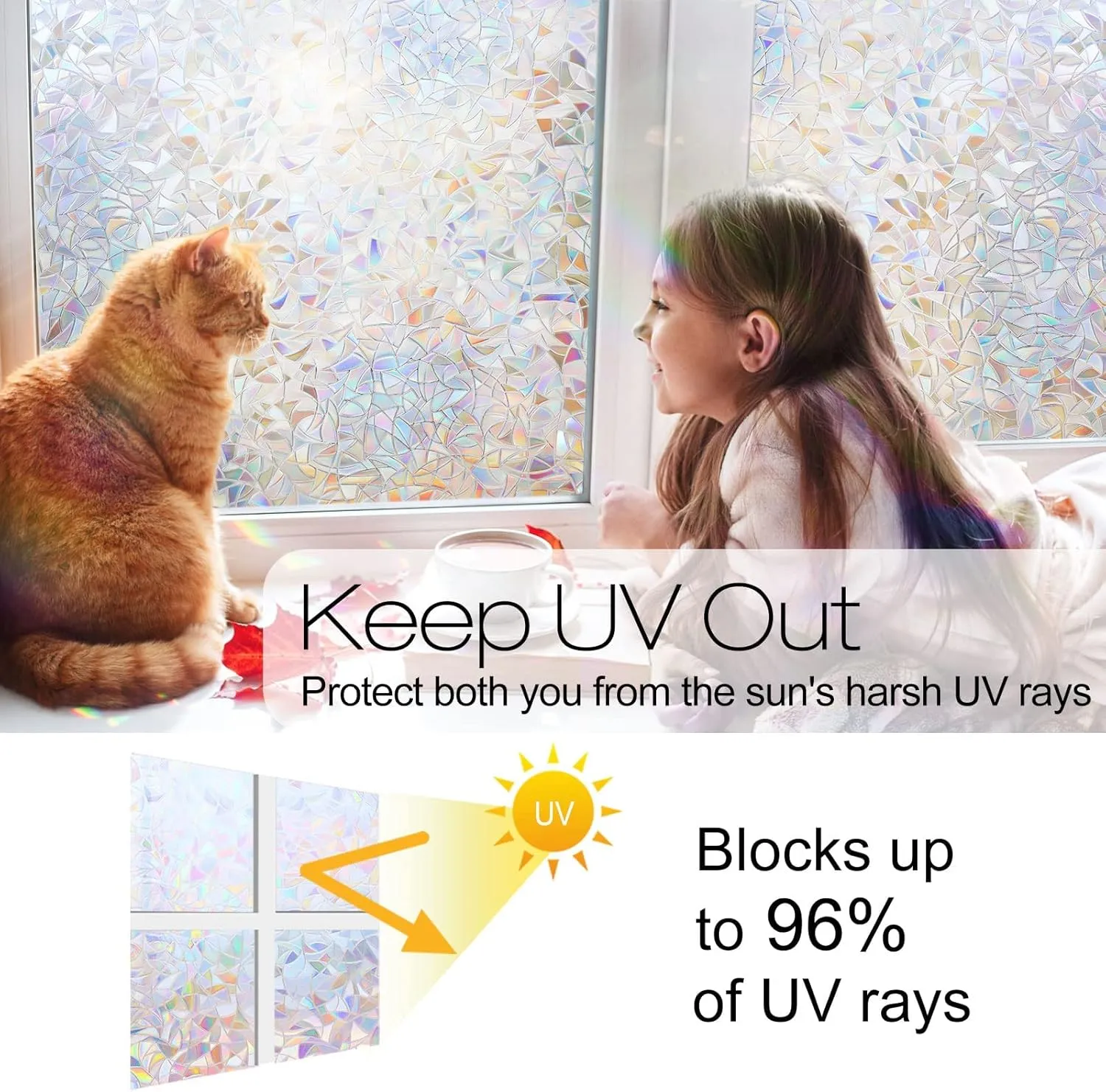 rabbitgoo Window Privacy Film Rainbow Film Decorative Window Sticker, 3D Static Stained Glass Cling Tint for Home Heat Control Non-Adhesive, 17.5 x 78.7 inches