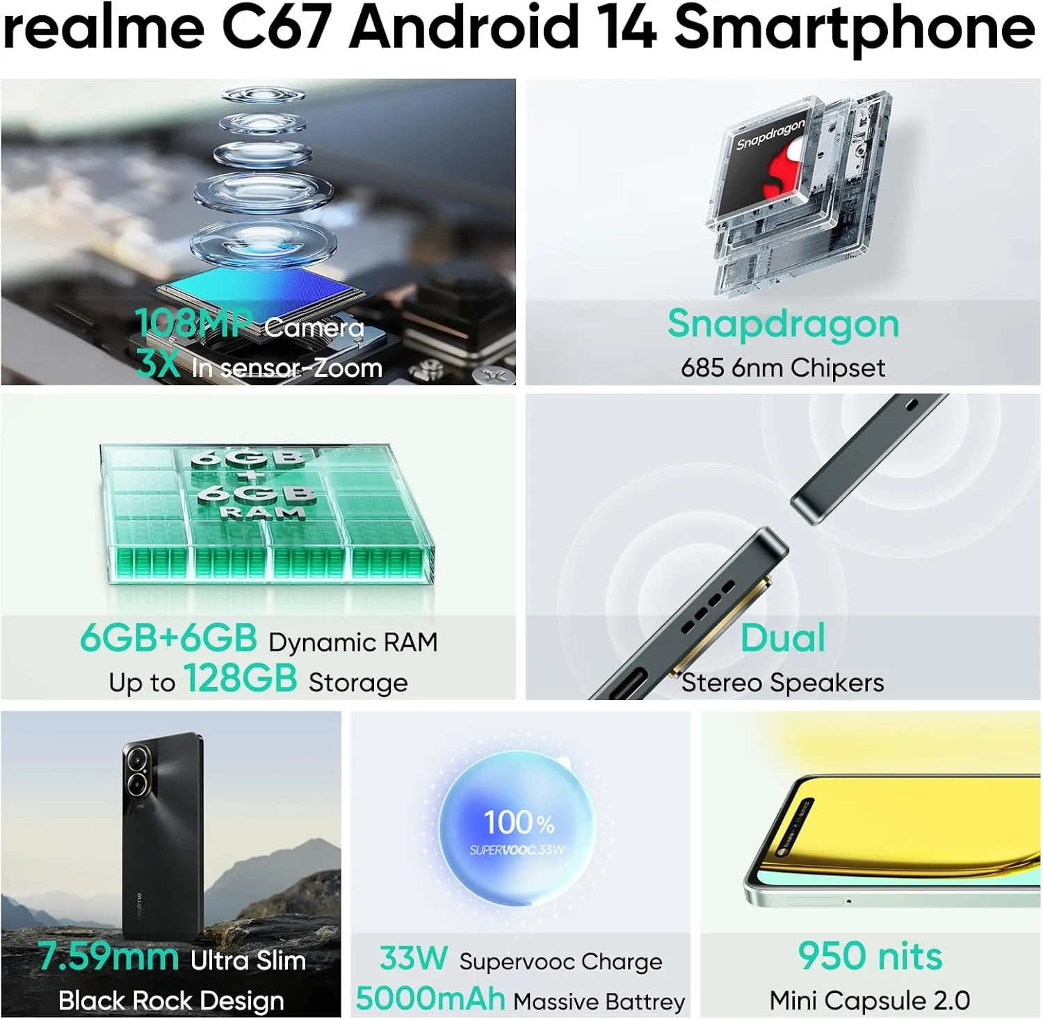 realme C67, 6GB RAM 128GB Unlocked Android Smartphone, 6.72'' FHD  Display, Dual-SIM, 108MP 3X in-Sensor Zoom Camera, 5000 mAh Battery, SUPERVOOC Fast Charging, Black Rock, EU Charger