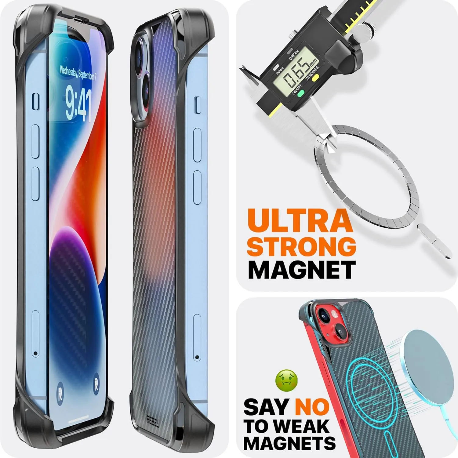 REBEL Case for iPhone 14 & 13 [Flex Series] Exposed Sides for Comfort, Aramid Fiber, Strong MagSafe Compatible, Protective Shockproof Corners, Upgraded Frameless Cover 6.1 Phone 2022 (Flex Black)
