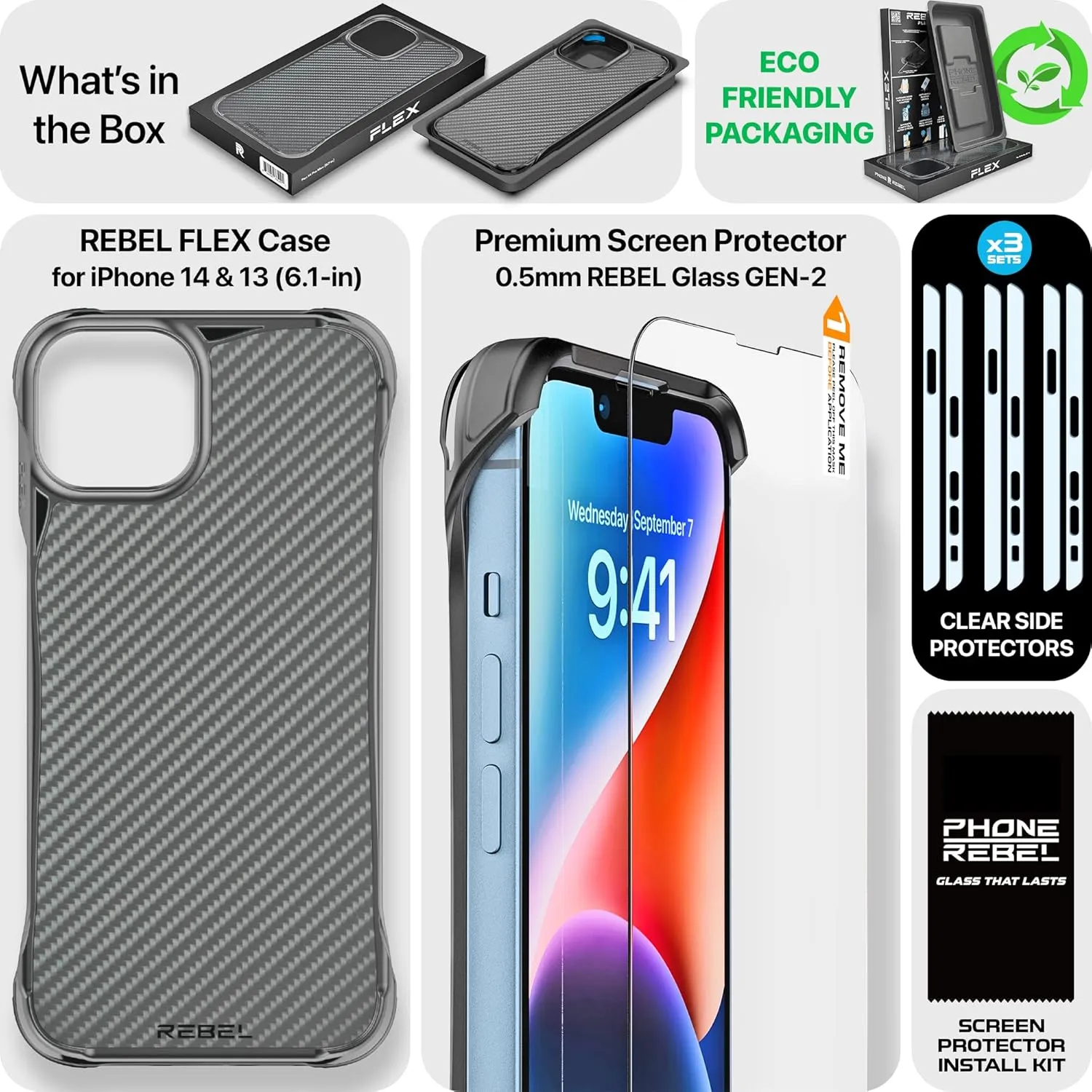REBEL Case for iPhone 14 & 13 [Flex Series] Exposed Sides for Comfort, Aramid Fiber, Strong MagSafe Compatible, Protective Shockproof Corners, Upgraded Frameless Cover 6.1 Phone 2022 (Flex Black)