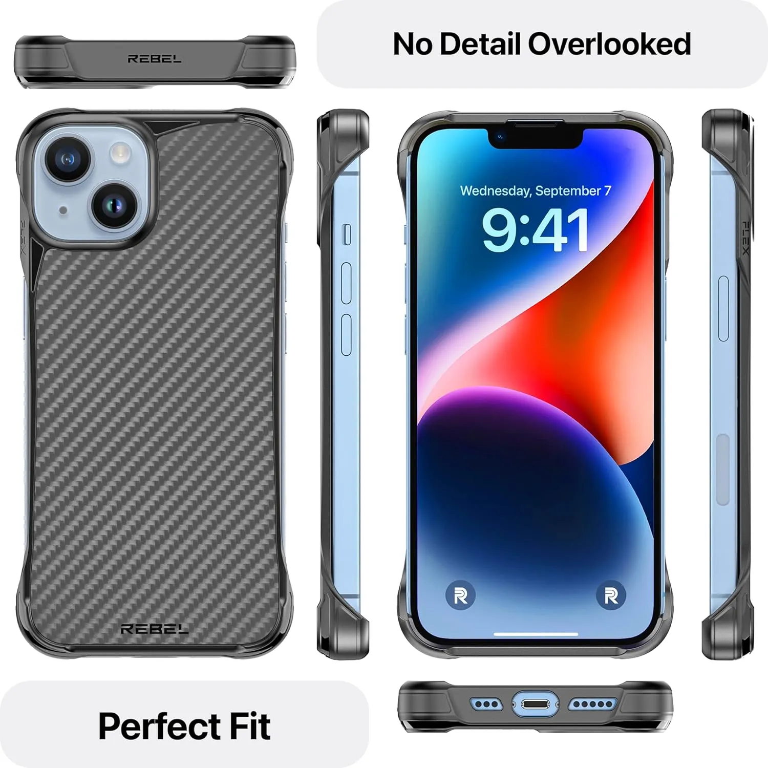 REBEL Case for iPhone 14 & 13 [Flex Series] Exposed Sides for Comfort, Aramid Fiber, Strong MagSafe Compatible, Protective Shockproof Corners, Upgraded Frameless Cover 6.1 Phone 2022 (Flex Black)