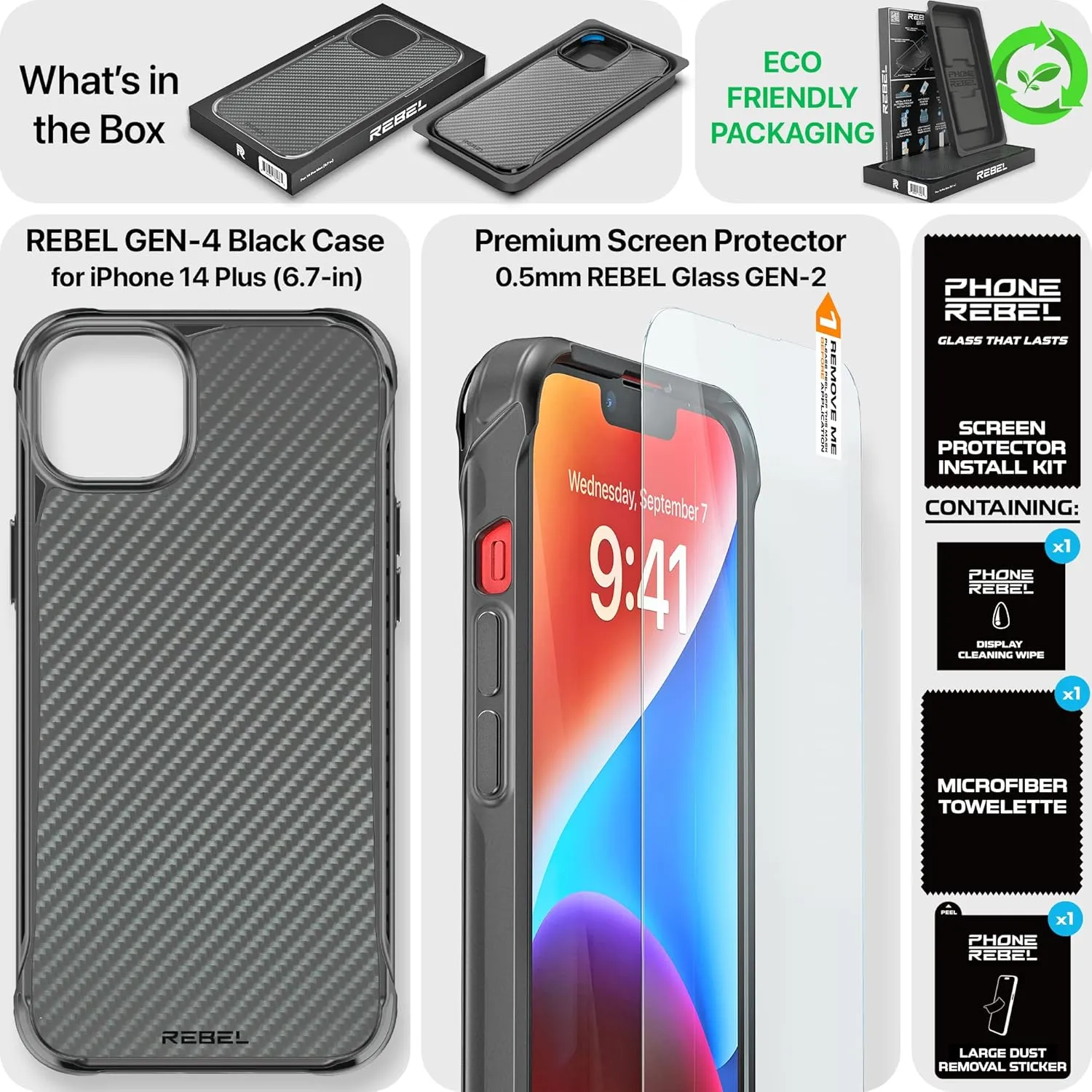 REBEL Case for iPhone 14 Plus [Gen-4 Aramid Fiber Series] Strong MagSafe Compatible, Protective Shockproof Corners, Premium Metal Buttons, Upgraded Slim Cover, 14  6.1 Inch Phone 2022 (Black)