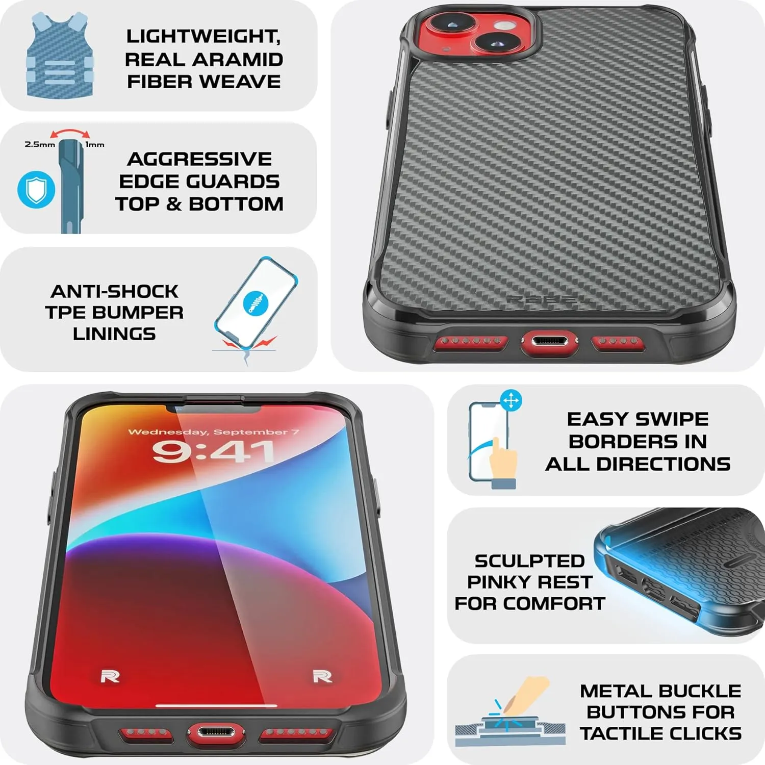 REBEL Case for iPhone 14 Plus [Gen-4 Aramid Fiber Series] Strong MagSafe Compatible, Protective Shockproof Corners, Premium Metal Buttons, Upgraded Slim Cover, 14  6.1 Inch Phone 2022 (Black)