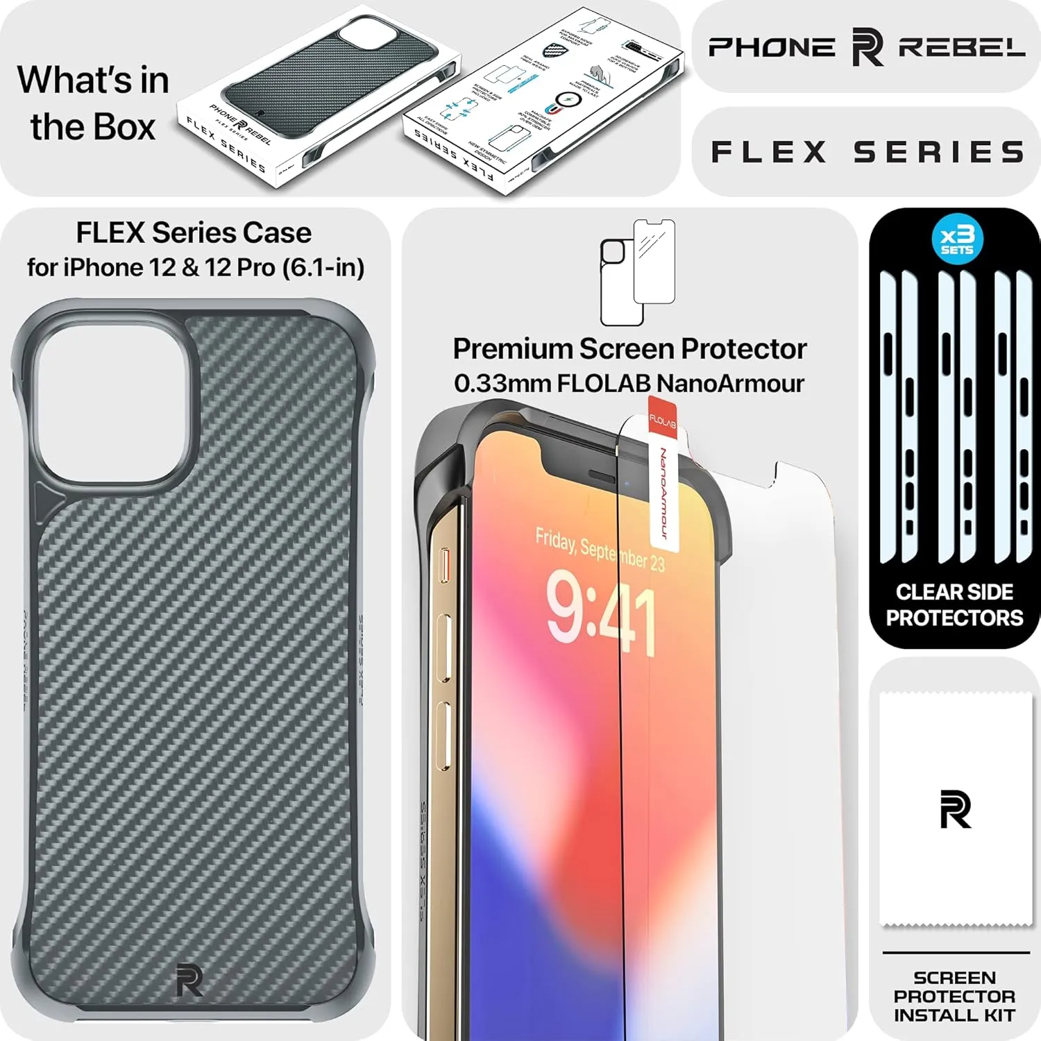REBEL iPhone 12/12 Pro Case [Flex Series] Exposed Sides for Comfort, Aramid Fiber, Strong MagSafe Compatible, Protective Raised Corners, Slim Fit Frameless Cover 6.1 Inch Phone 2020 (Flex Black)
