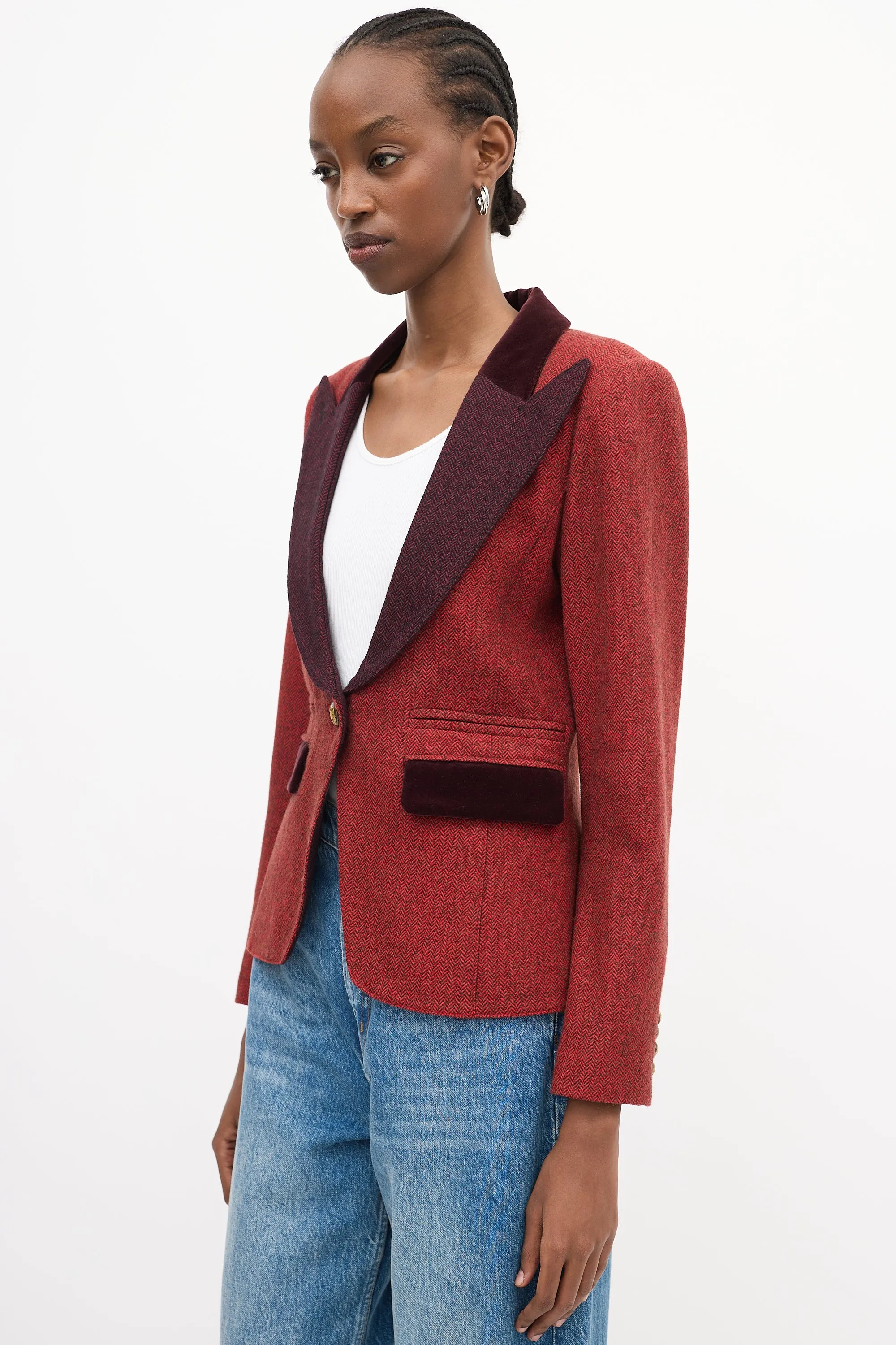 Red & Burgundy Herringbone Tweed Blazer