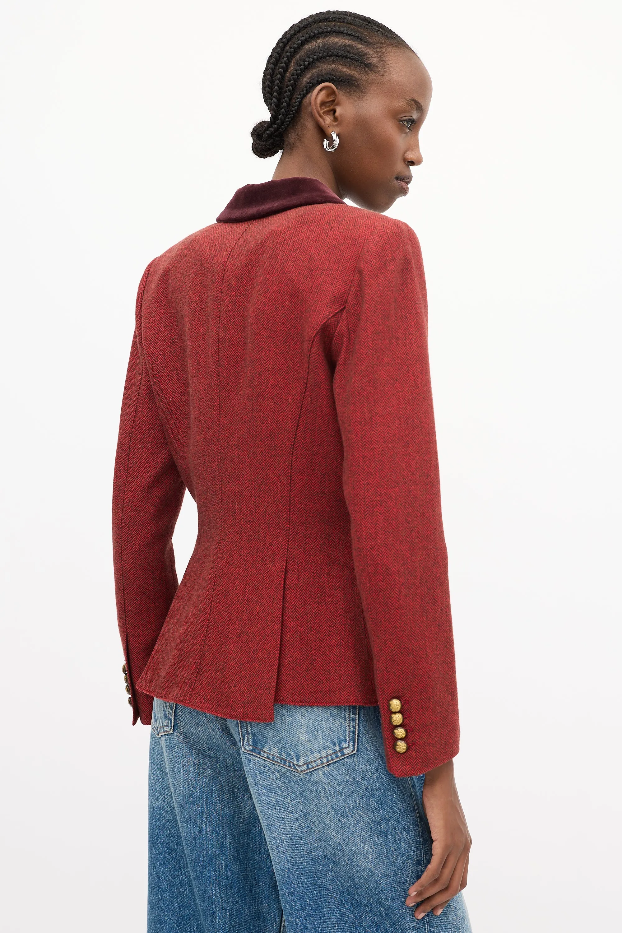 Red & Burgundy Herringbone Tweed Blazer