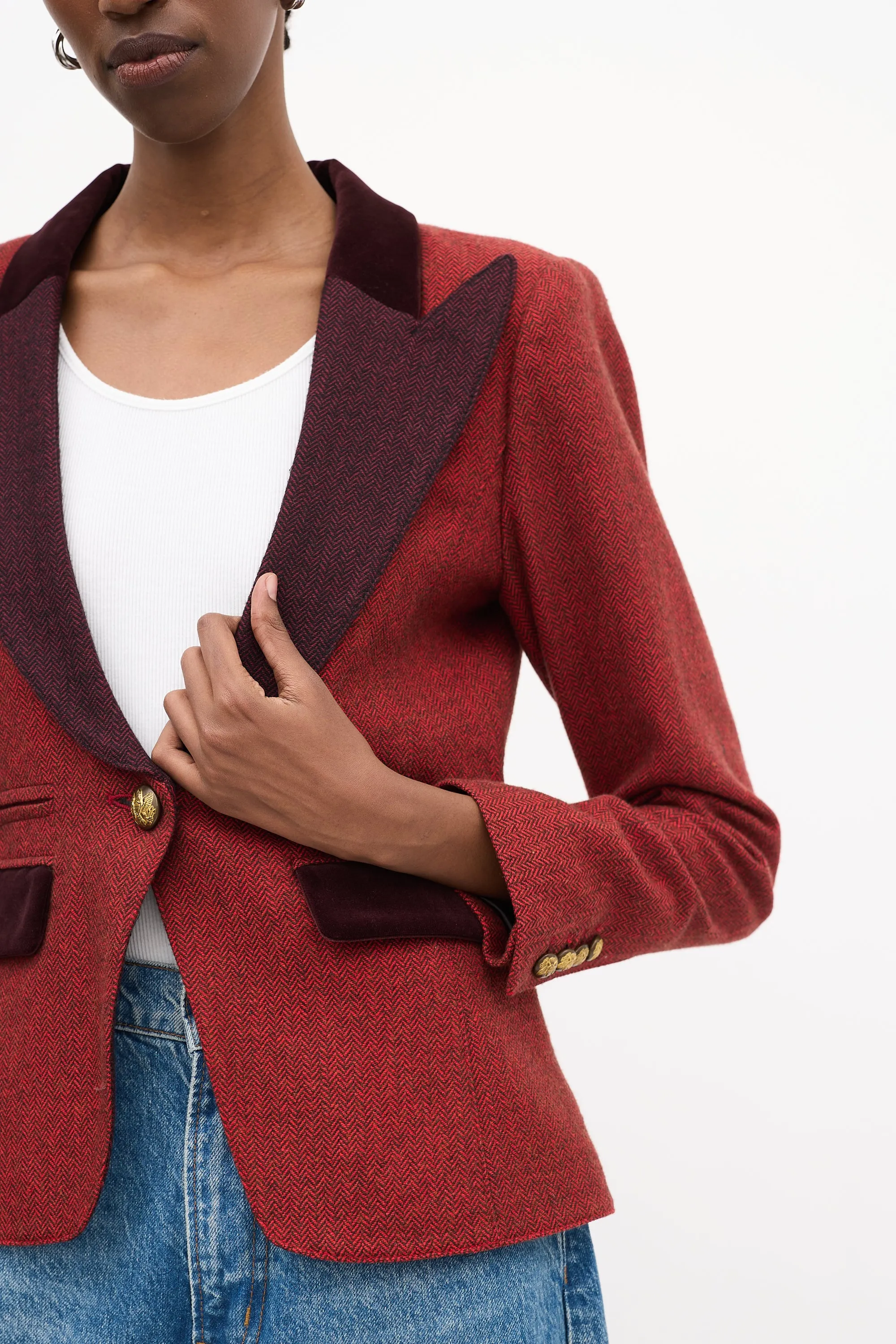Red & Burgundy Herringbone Tweed Blazer
