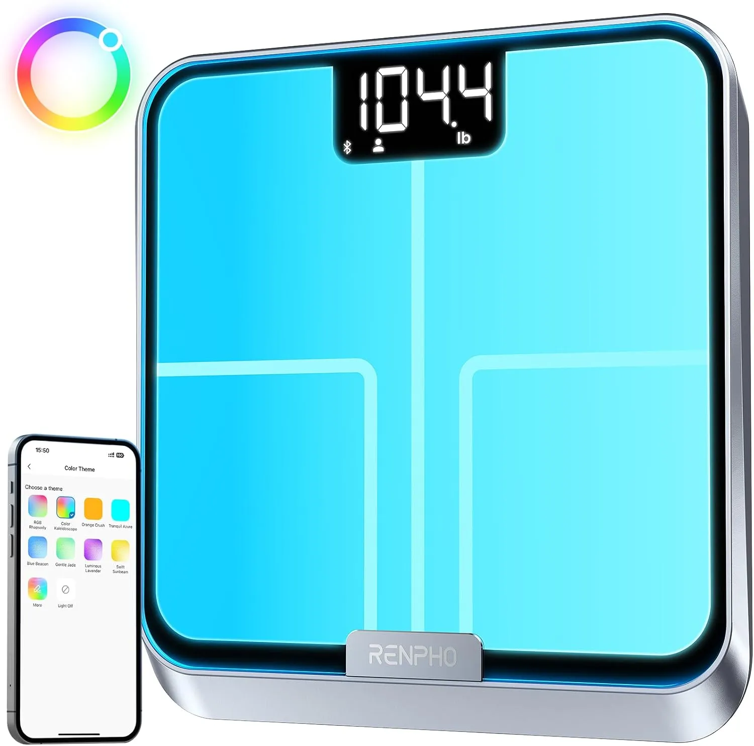RENPHO Smart Scale for Body Weight, Fitness Equipment with RGB Lighting, Rechargeable Scale with BMI, Body Fat, Muscle Mass, Color Changing Scale, FSA HSA Eligible, Elis Chroma
