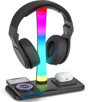 RGB Headphone Stand with 15w Wireless Charger, 3 in 1 Gaming Headset Holder Charging Station for Desk for iPhone 16/15/14/13/12/11/X AirPods Max/Pro/4/3/2 iWatch 10/9/8/7/6/5/4/3/2/1/SE
