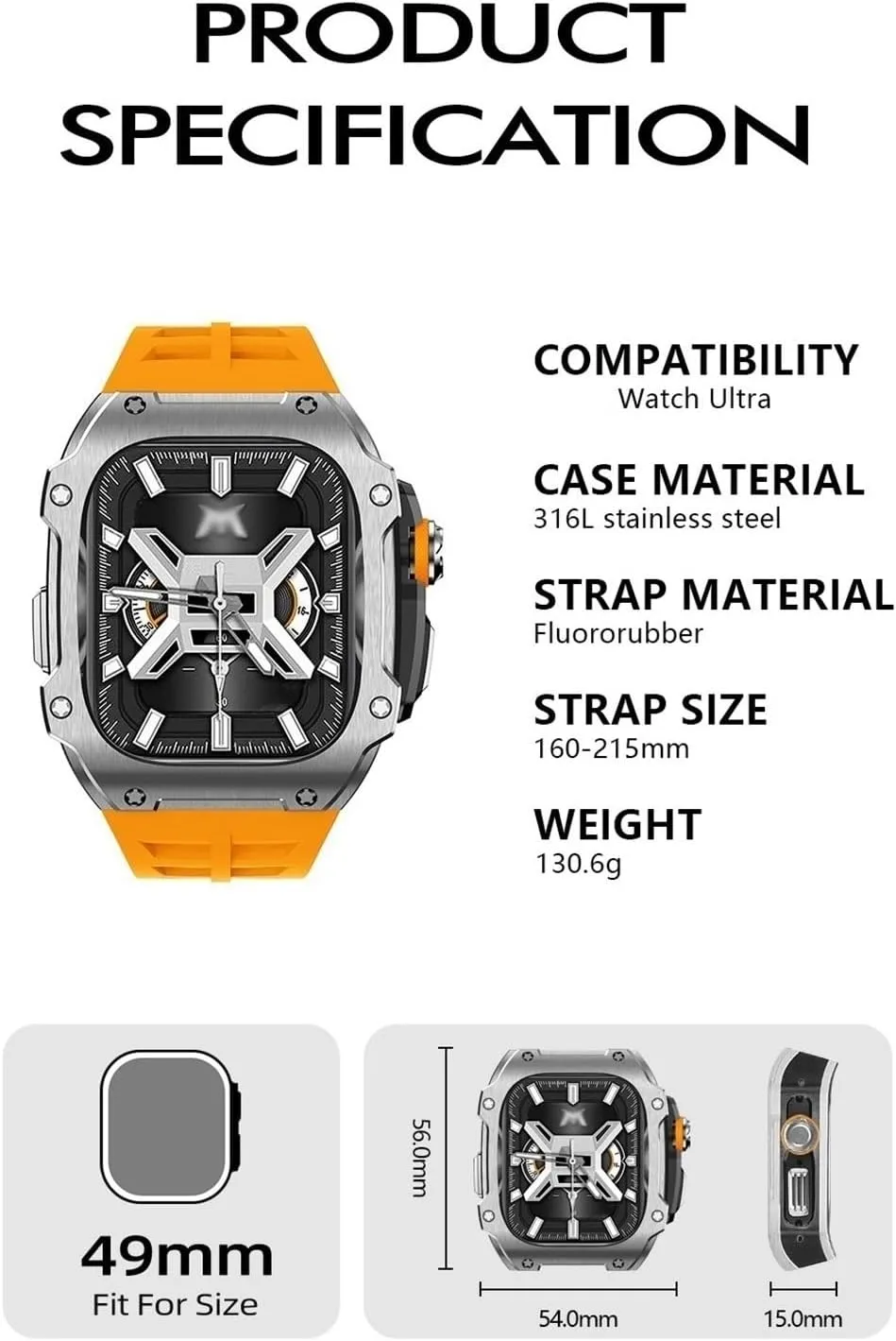 RM Mod Kit Stainless Steel Metal Case   Fluorine Rubber Band for Apple Watch Ultra 49MM Sport fluororebber Strap Bezel for iWatch Ultra