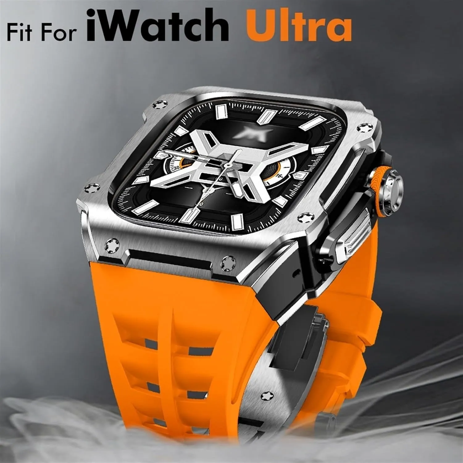 RM Mod Kit Stainless Steel Metal Case   Fluorine Rubber Band for Apple Watch Ultra 49MM Sport fluororebber Strap Bezel for iWatch Ultra