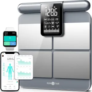 Runstar Scale for Body Weight and Fat Percentage, 8-Electrodes Precision Digital Smart Scale for BMI 22 Body Composition Measurement, Silver Bathroom Smart Scales with Large Display FSA HSA Eligible