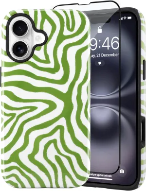SAKUULO Magnetic for iPhone 16 Green Ocean Waves Print Pattern [Compatible with MagSafe] Wireless Charge Strengthen Protection Cover, Green Ocean Waves (6.1")
