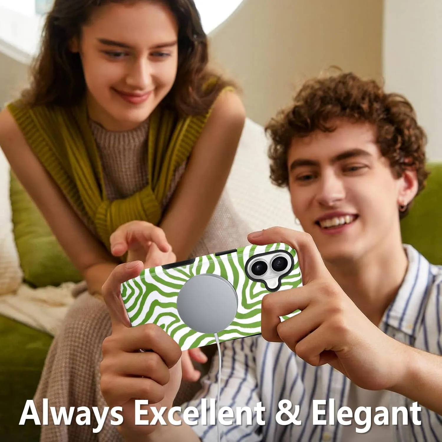 SAKUULO Magnetic for iPhone 16 Green Ocean Waves Print Pattern [Compatible with MagSafe] Wireless Charge Strengthen Protection Cover, Green Ocean Waves (6.1")